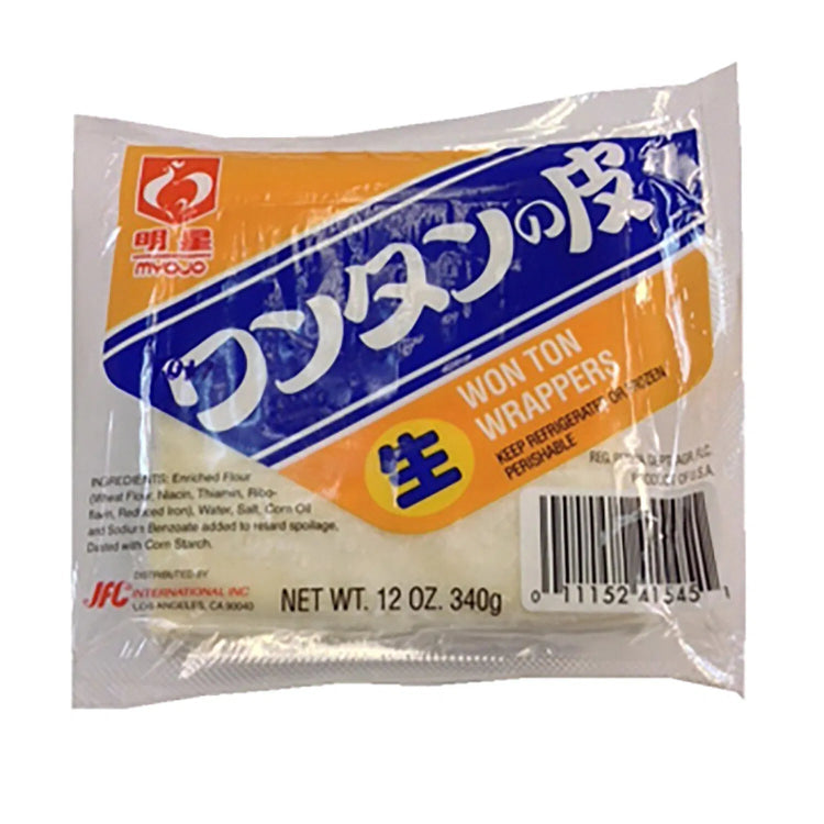 Pack of won ton wrappers with JFC International branding on a white background