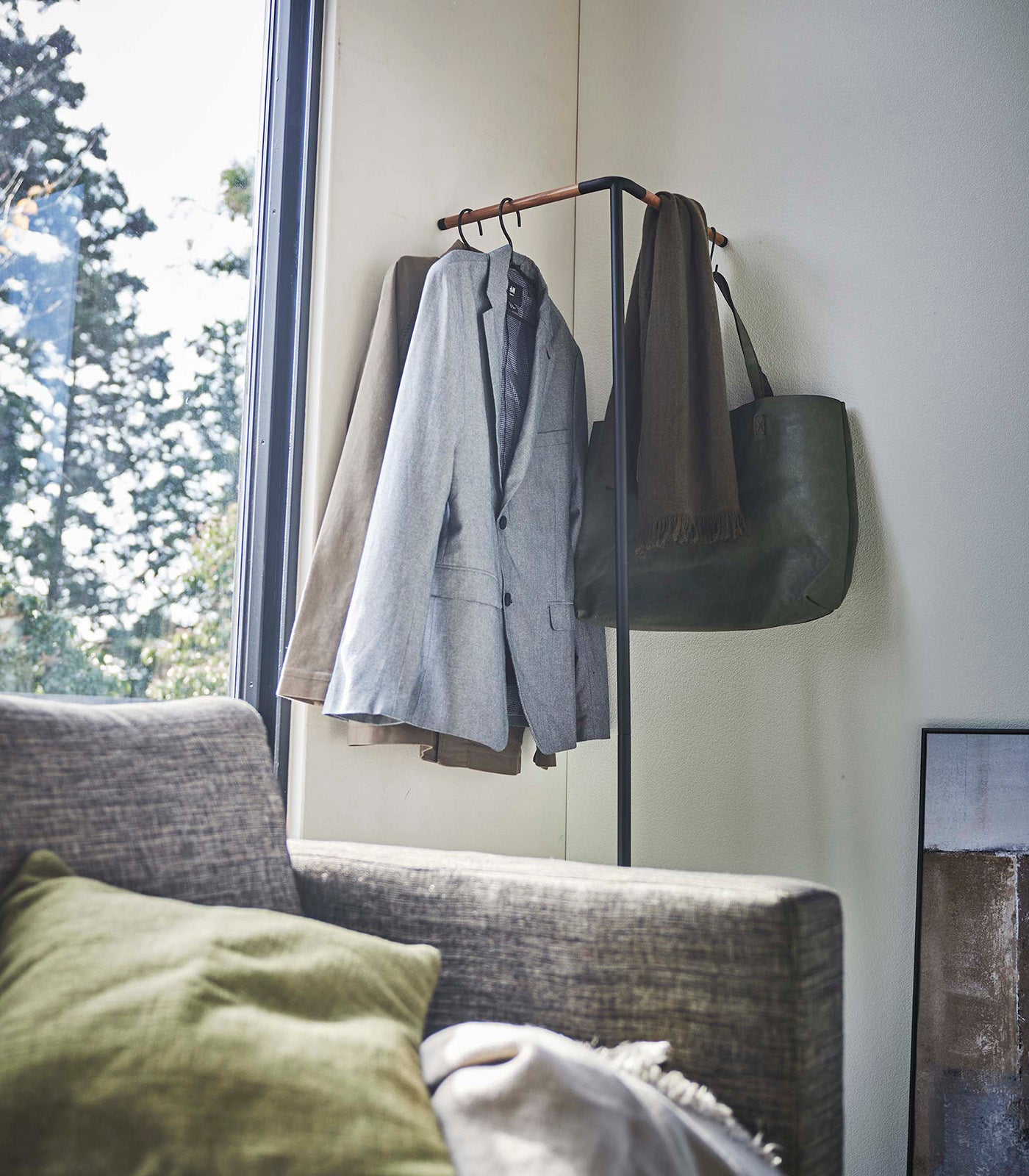 Corner Leaning Coat Hanger (63" H)  - Steel + Wood